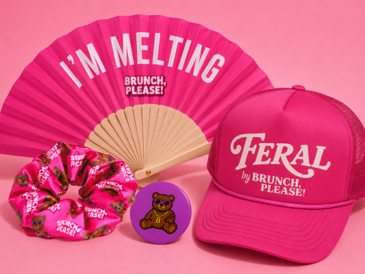 Feral Girl Brunch Bundle (Hat + Hand Fan + Scrunchie + Button + Hangover Relief tablet) image