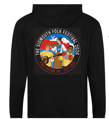 T-shirt with 2026 festival design - 2026 Festival Black Zip Front Hoody - design on back features three musicians at the seaside.