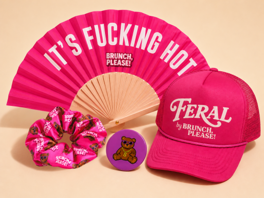 Feral Girl Brunch Bundle (Hat + Hand Fan + Scrunchie + Button + Hangover Relief tablet) image