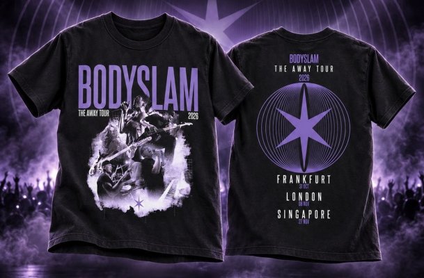 Front and back views of a black Bodyslam tour T-shirt with purple and white graphics.