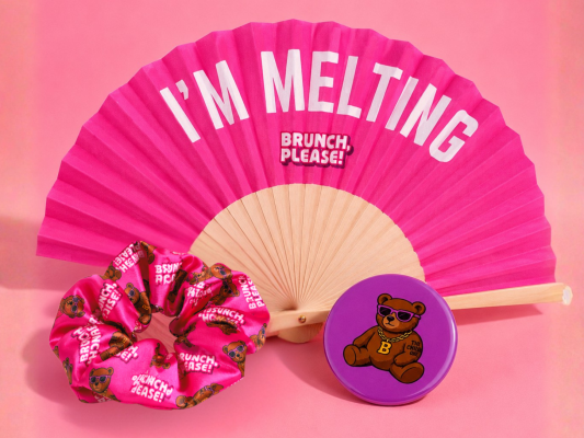 Hot Girl Brunch Bundle (Paper Hand Fan + Scrunchie + Button + Hangover Relief tablet) image