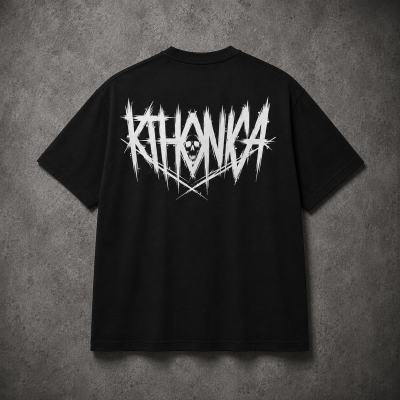 Black KTHONICA T-shirt with the original white KTHONICA logo printed on the back.
