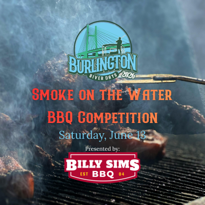 A photo of a grill with steaks on it with the text "Smoke on the Water BBQ Competition" over it