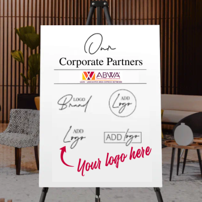 A white board with business logos and a arrow pointing to a logo saying Your logo here