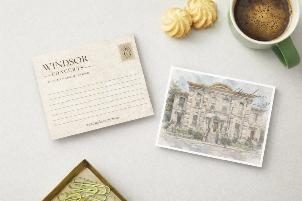 Windsor Concerts signature postcard displayed on an elegant music-themed background