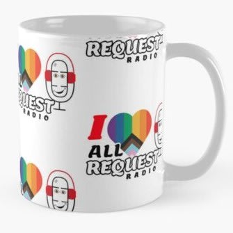 White coffee mug with "I heart All Request Radio" patterned around it