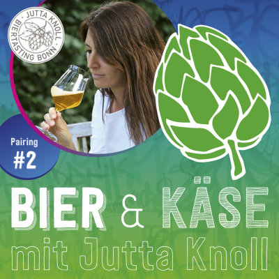 Werbung für ein Foodpairing mit Jutta Knoll. Das Bild zeigt Jutta Knoll, die ein Glas Bier in der Hand hält und daran riecht sowie den Text "Pairing #2 Bier & Käse mit Jutta Knoll".