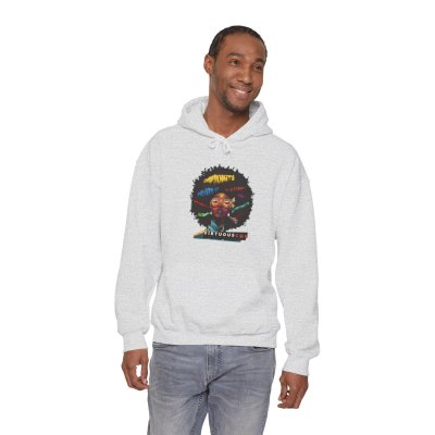 Slim Black man in hoodie in light grey color with image of a woman with a colorful afro on the front.