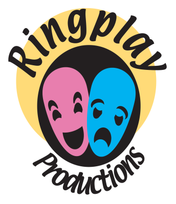 A pink happy mask and a blue sad mask surrounded by a golden halo with Ringplay Productions around the circle