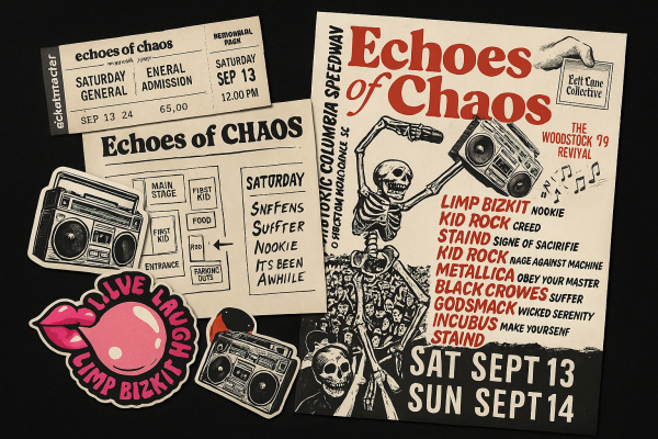Ticket stub, poster, stickers, festival map, schedule and set list.