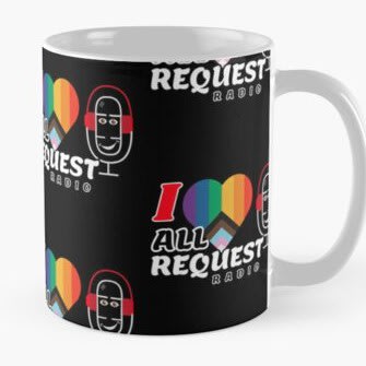 Black coffee mug with "I heart All Request Radio" patterned around it