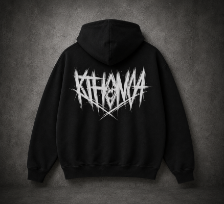 Black oversized KTHONICA hoodie with large white KTHONICA logo printed on the back.