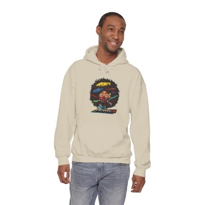 Slim Black man in hoodie in light cream color with image of a woman with a colorful afro on the front.