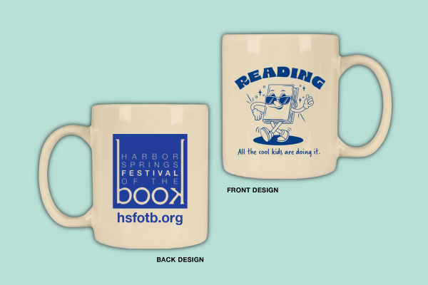 cream mug with cartoon "Cool guy" Book that says "Reading: All the cool kids are doing it." Back design features Festival Logo and website.