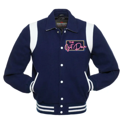 Navy with white accents bomber jacket with a pink and orange The Get Down logo on the left breast.