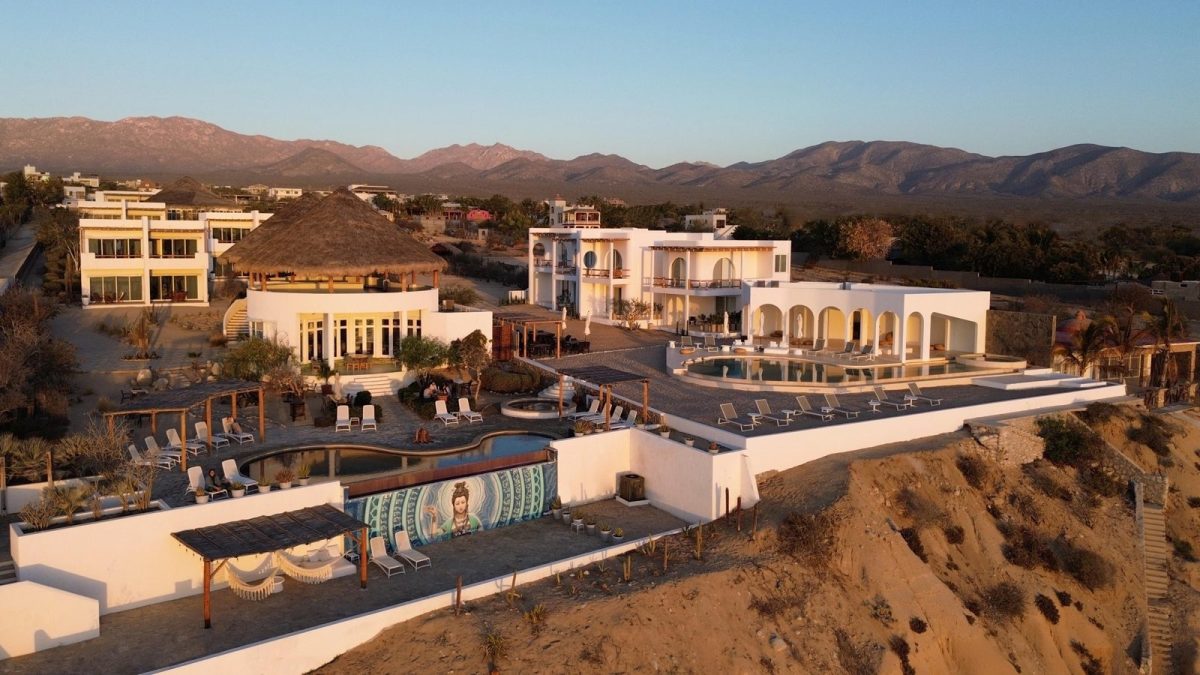 Casa Tara from the air at sunset