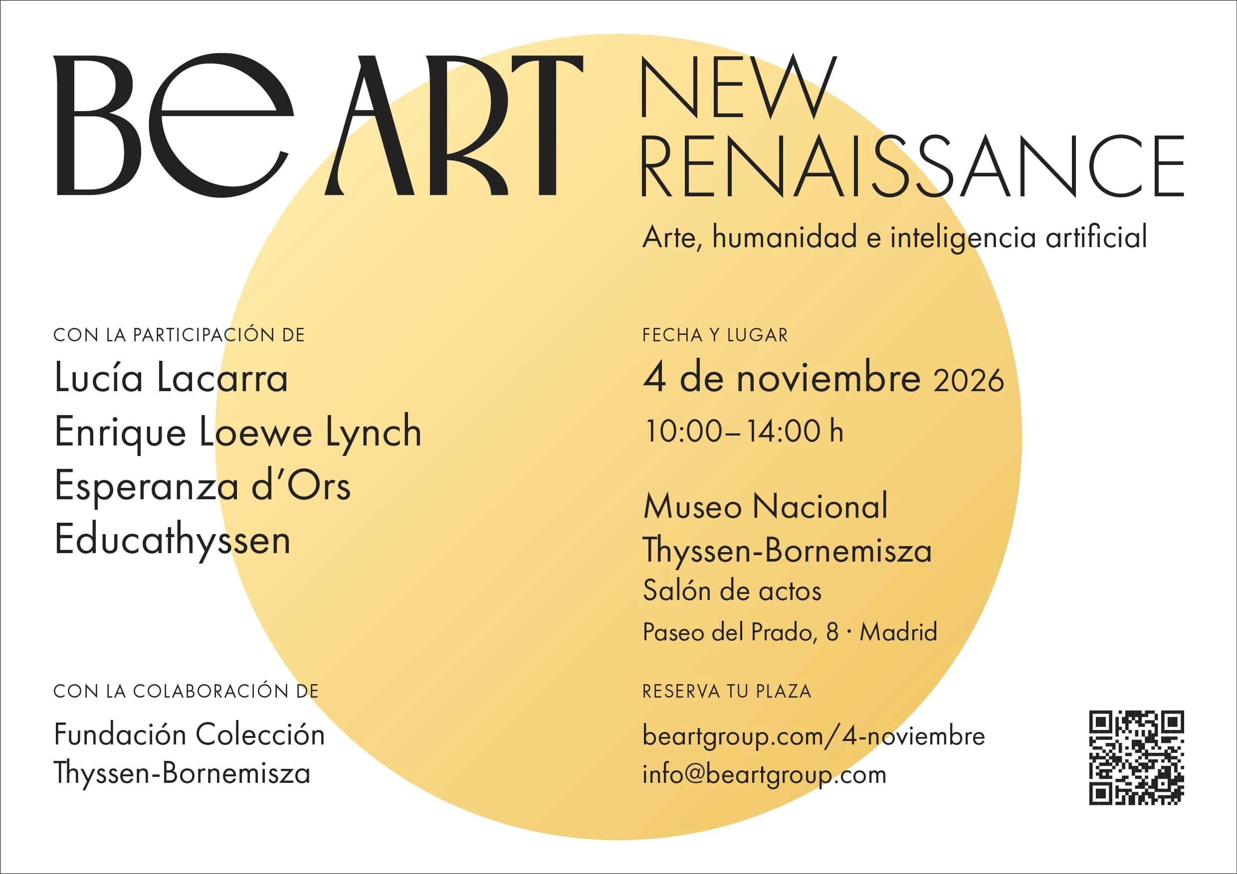 Cartel de New Renaissance: 4 de noviembre de 2026, Salón de actos del Museo Nacional Thyssen-Bornemisza, Madrid. Más información en beartgroup.com/4-noviembre.