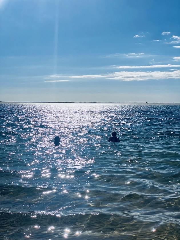A beach on Armona, people swimming