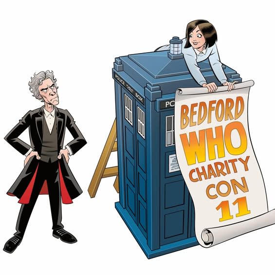 12th Doctor and Clara with Bedford Who Charity Con 11 banner