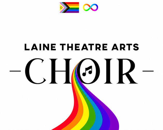 Laine Theatre Arts Choir logo featuring a musical note within the “O” of “CHOIR,” a flowing rainbow ribbon, and Pride symbols above, symbolising music, diversity, and inclusion.
