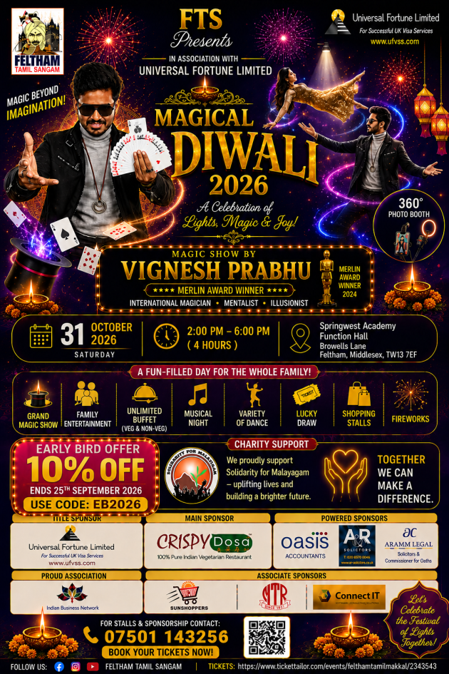 Magical Diwali 2026 by Feltham Tamil Sangam — 31 October 2026 at Springwest Academy Function Hall, Feltham