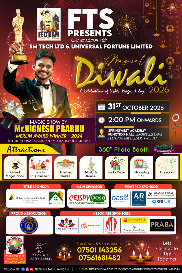 Magical Diwali 2026 by Feltham Tamil Sangam — 31 October 2026 at Springwest Academy Function Hall, Feltham