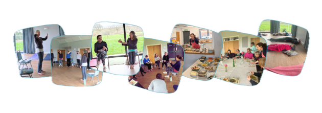Selection of images from previous retreats including Helen teaching movement, Mel teaching a group, food being served and eaten and people lying in relaxation