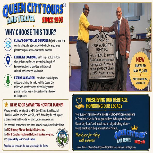 Queen City Tours® founder Juan D. Whipple joins Dr. Reginald Hawkins II at the unveiling of the Good Samaritan Hospital Historical Marker in Charlotte, NC. The marker honors the first hospital serving Blacks/African-Americans during segregation and highlights its inclusion on the QCT Charlotte Daily Black/African-American Heritage Tour.