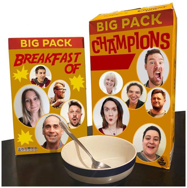 Two breakfast cereal packets and a bowl are pictured. The phrase