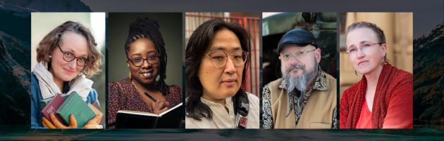 Image of the Writing Excuses hosts in the following order: Mary Robinette, Erin, DongWon, Howard, Sandra