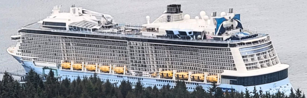 An image of a Royal Caribbean ship docked in Alaska