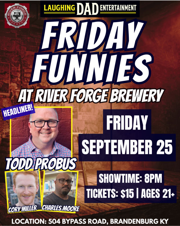 Comedy flyer for Friday Funnies at River Forge Brewery in Brandenburg, KY