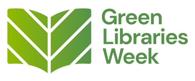 Green Libraries Week logo featuring a stylised green open book shaped like a leaf, with the words “Green Libraries Week” in green text. The design uses shades of green on a light background to represent libraries and environmental sustainability.