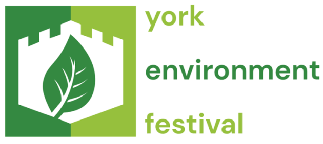 York Environment Festival logo featuring a stylised white city wall and green leaf emblem on a green background, alongside the words “york environment festival” in green text. The design combines imagery of nature and York’s historic heritage.