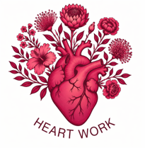 Heart work, a picture of an anatomical heart with flowers and leaves