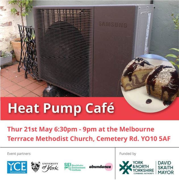Heat Pump Cafe poster featuring a photo of a heat pump and cake, along with partner and funder logos