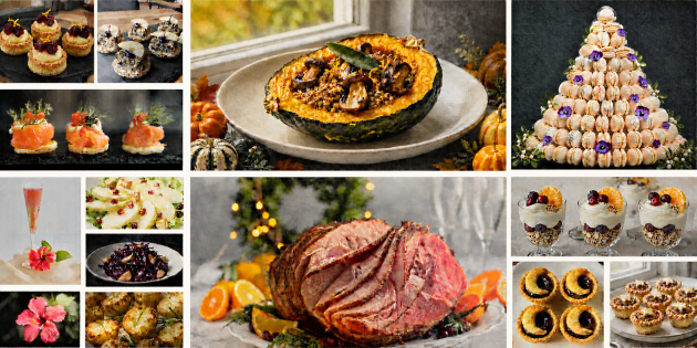 Festive Fables menu of canapes, christmas buffet and three desserts