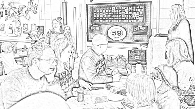 Sketch of bingo being played on a big screen.