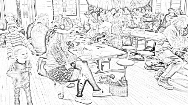 Sketch of families having fun at school bingo.
