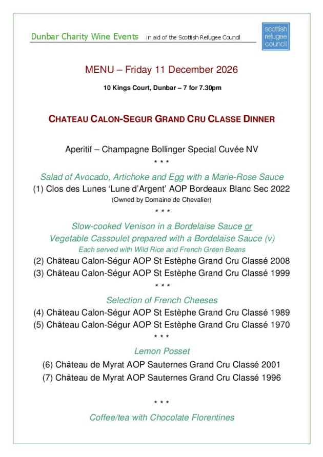 Menu of food and wines for 11 Dec 2026