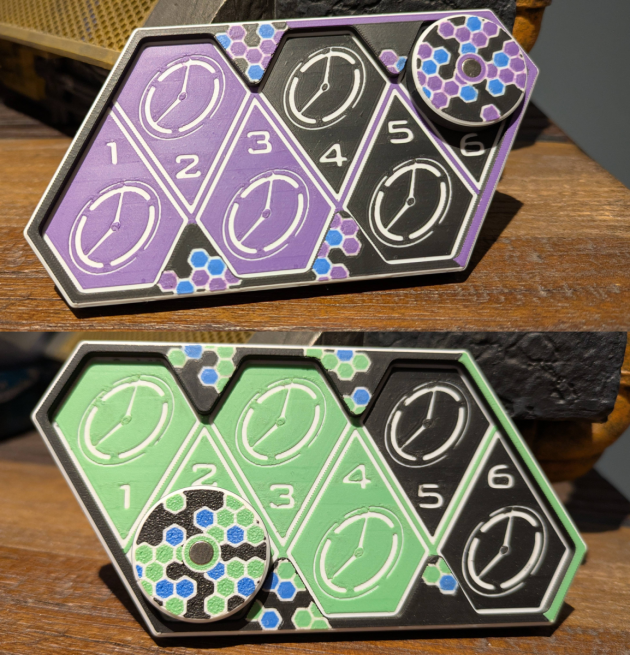 Purple and green #D-printed click-trackers for Netrunner
