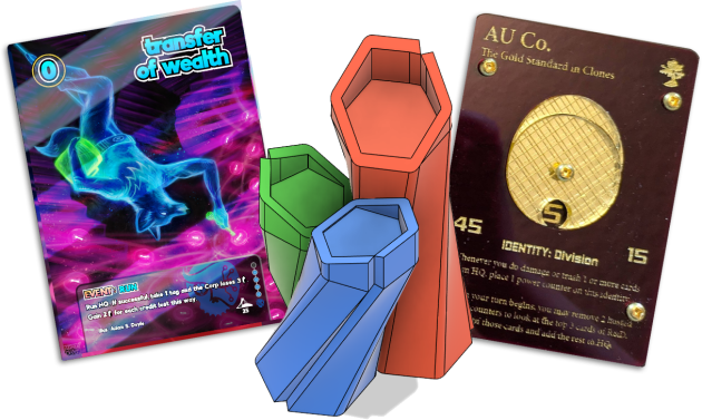 Transfer of wealth alt-art for Netrunner, plus a rendering of a trophy, plus a photo of an acrylic Au Co ID for netrunner