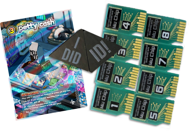Petty Cash alt-art for Netrunner, triangular acrylic tokens with I DID and ID! on them, and 8 microchip-looking tokens