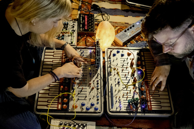 Marcia Bassett and Ted Gordon performing on Buchla Easels