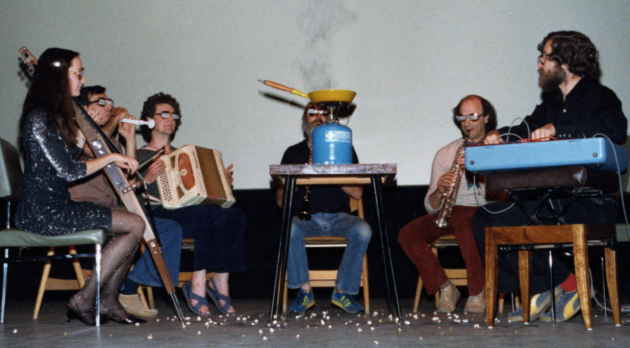 Ami Radunskaya and Don Buchla performing with popcorn in 1980