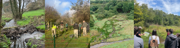 Strip of images of people outdoors engaged in learning and tree planting, along with river images