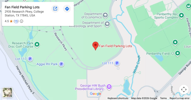 Bus pickup location at Fan Field Parking Lots — open Google Maps