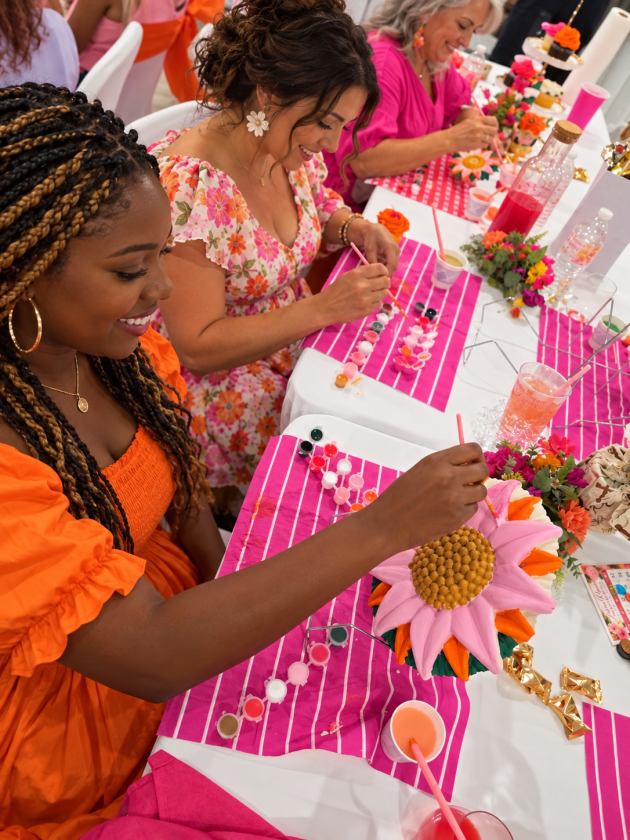Fictional participants painting colorful flower artwork