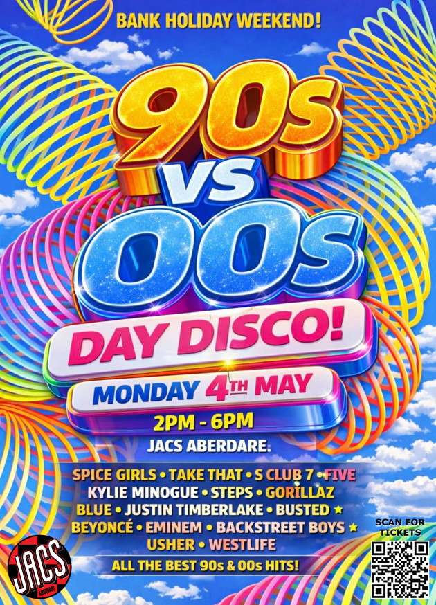 Buy tickets – 90s vs 00s Bank Holiday Day Disco – JACS ABERDARE
