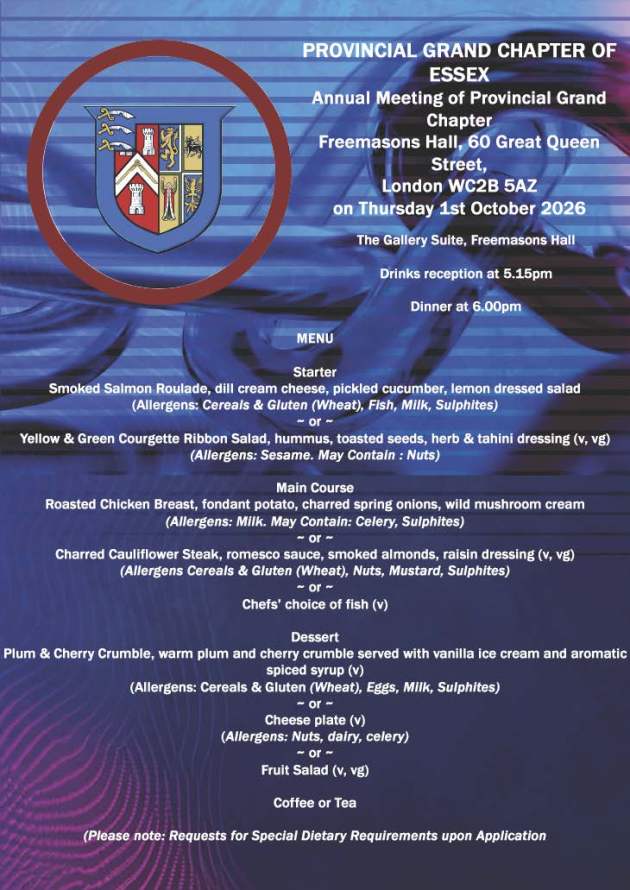 Provincial Grand Chapter 2026 Menu